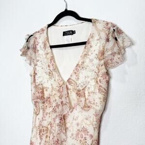 Vintage CDC Floral Lace Flutter Sleeve Ruffle Sheer Midi Dress Cottage Prairie